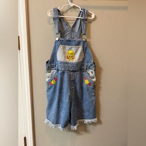 VTG 1998 Looney Tunes Tweety Bird Denim Shortalls Kids Size Large 10/12